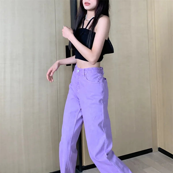 Pantalon Jean de tendencia para mujer, Pantalones vaqueros rasgados con hendidura casuales sueltos de pierna recta de cintura alta