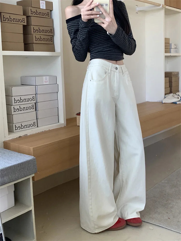 Pantalones vaqueros holgados blancos para mujer, nueva moda coreana informal Y2k, pantalones vaqueros holgados de cintura