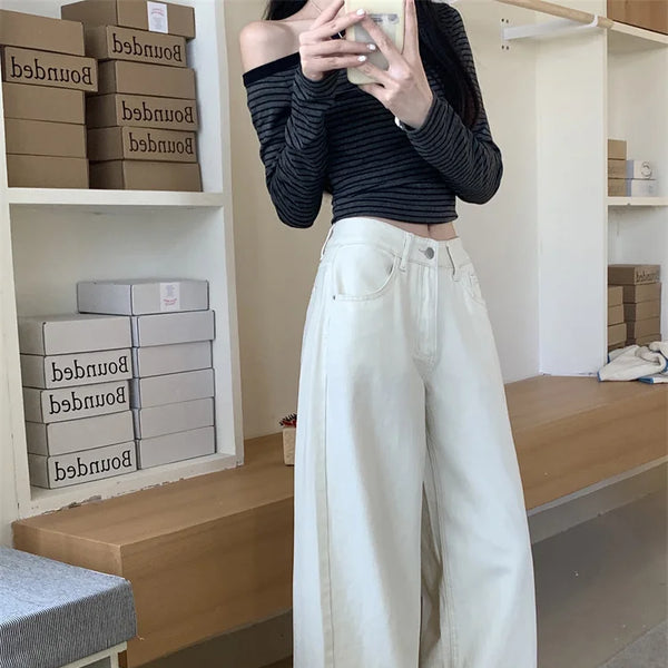 Pantalones vaqueros holgados blancos para mujer, nueva moda coreana informal Y2k, pantalones vaqueros holgados de cintura