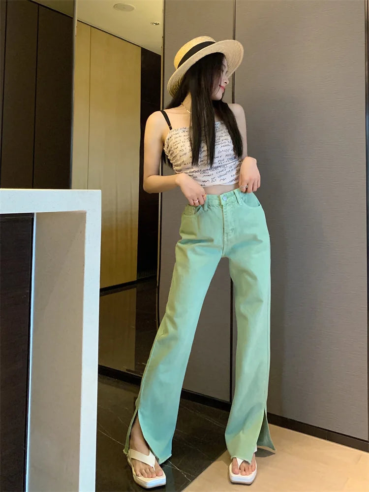 Pantalon Jean de tendencia para mujer, Pantalones vaqueros rasgados con hendidura casuales sueltos de pierna recta de cintura alta