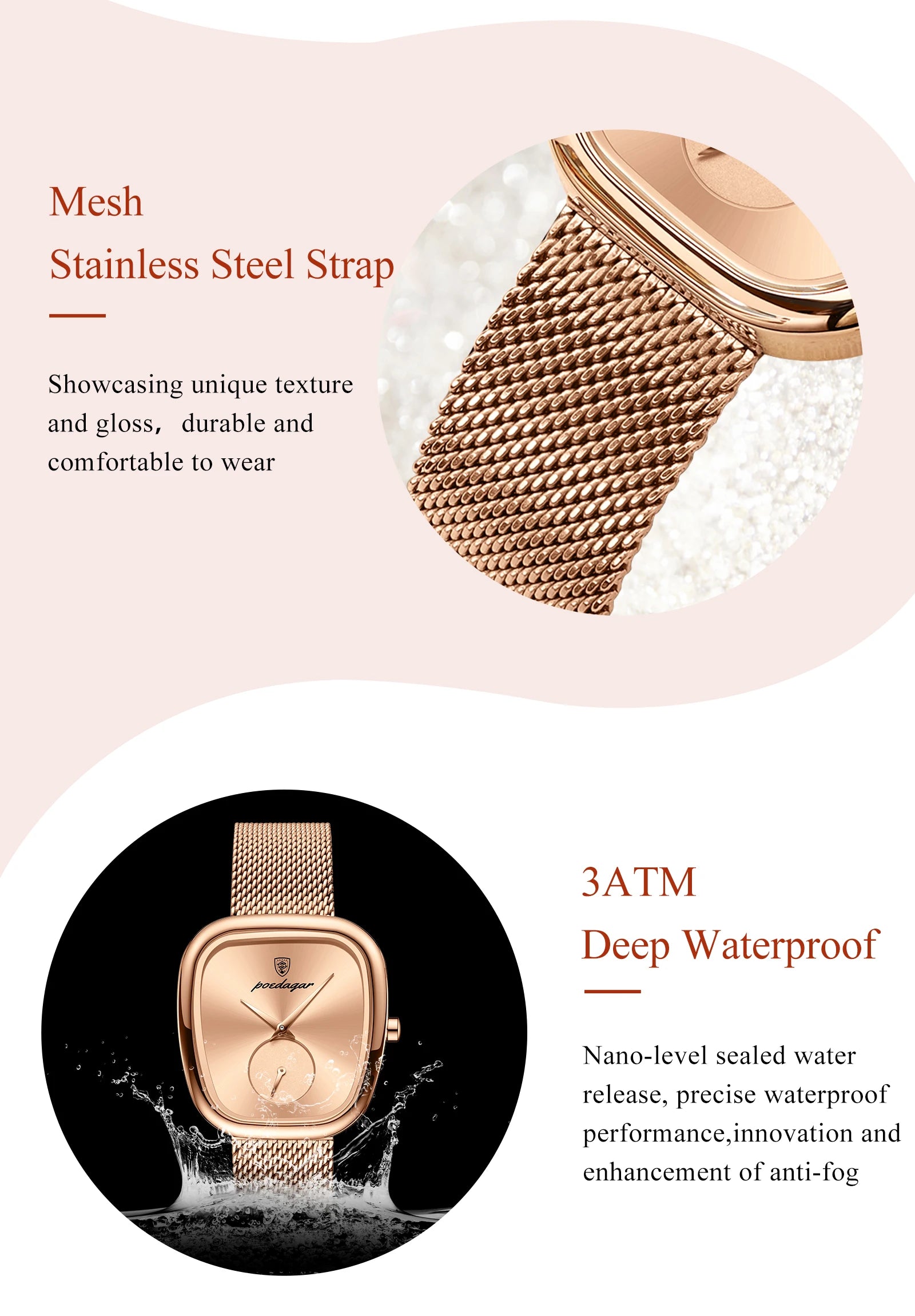 POEDAGAR, Reloj elegante de lujo a la moda para mujer, Reloj resistente al agua para mujer, relojes de cuarzo de acero inoxidable de malla para mujer, Reloj femenino
