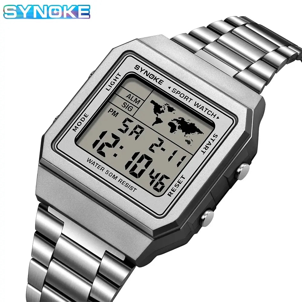Reloj de acero inoxidable para hombre, cronógrafo de pulsera Digital con pantalla de luz trasera, resistente al agua, 5bar