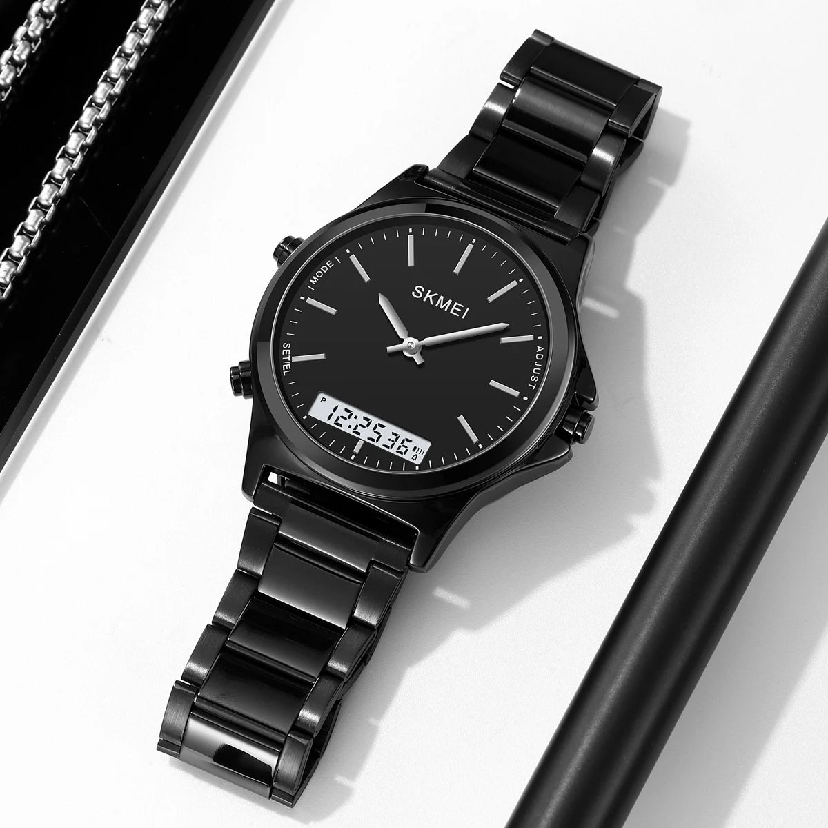 Reloj cronógrafo digital con pantalla de luz trasera de acero completo, relojes de pulsera con alarma impermeables para hombre