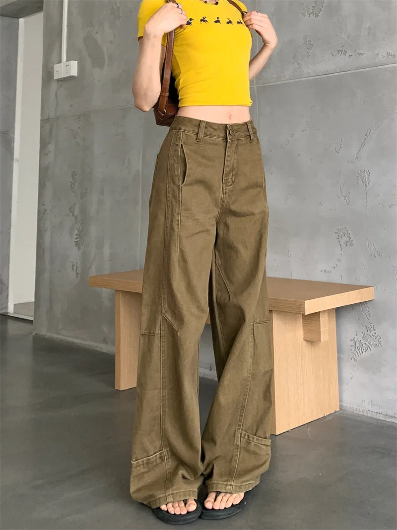 Pantalon vaquero de verano para mujer, pantalones vaqueros de color caqui de gran tamaño, pantalones drapeados de pierna ancha y cintura alta, estilo callejero americano