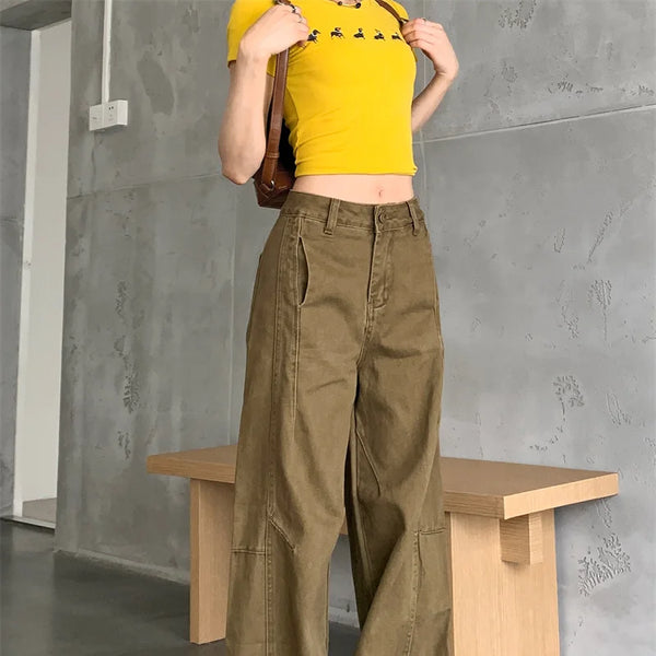 Pantalon vaquero de verano para mujer, pantalones vaqueros de color caqui de gran tamaño, pantalones drapeados de pierna ancha y cintura alta, estilo callejero americano