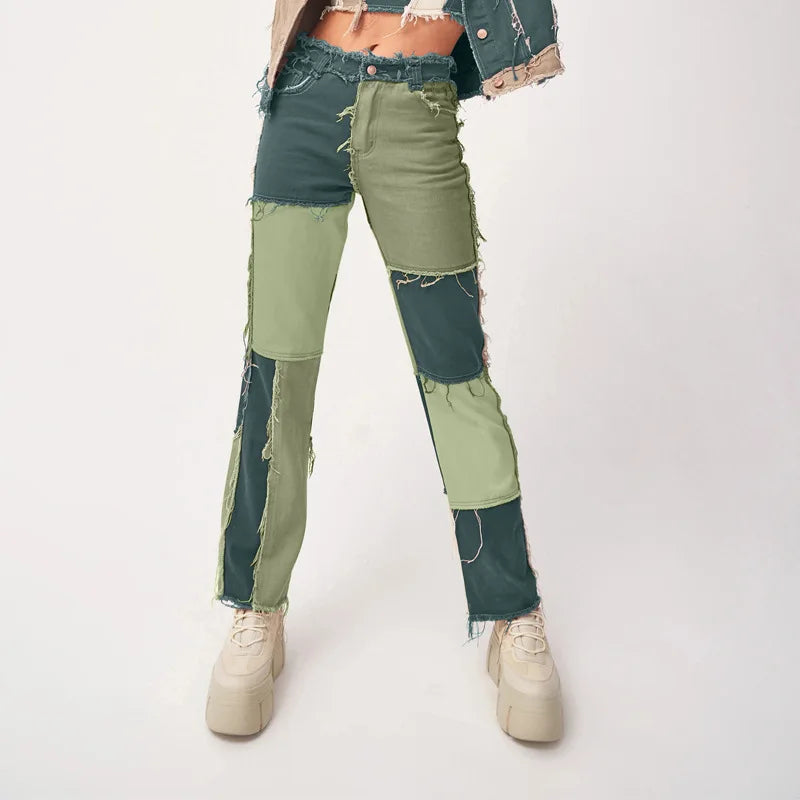 Pantalon jean de retazos de colores variados para mujer, vaqueros rectos de alta elasticidad a la moda, pantalones Hipster de calle