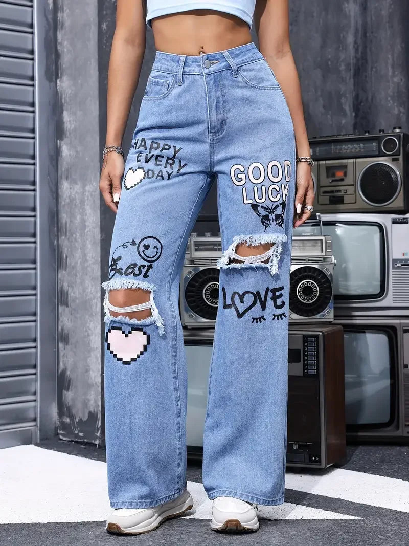 Pantalones vaqueros con estampado de mariposa y botones de cintura alta para mujer, Pantalón recto informal a la moda para mujer, Vaqueros rasgados elegantes para primavera y verano