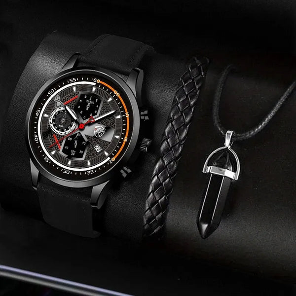 Conjunto de 3 piezas para hombre, reloj de pulsera de cuarzo, pulsera de cuero clásico, collar casual y divertido