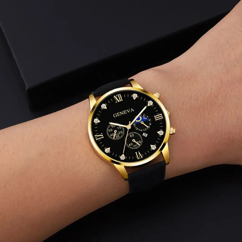 Reloj de pulsera de cuarzo para hombre, conjunto de 2 piezas, con puntero redondo y calendario