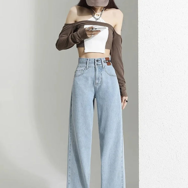 Pantalones vaqueros holgados Vintage para mujer, pantalon a la moda lisos de cintura alta