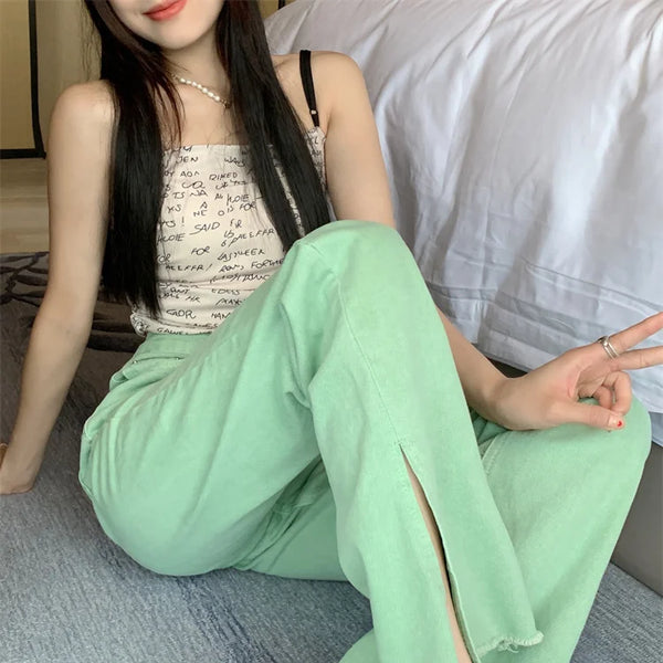 Pantalon Jean de tendencia para mujer, Pantalones vaqueros rasgados con hendidura casuales sueltos de pierna recta de cintura alta