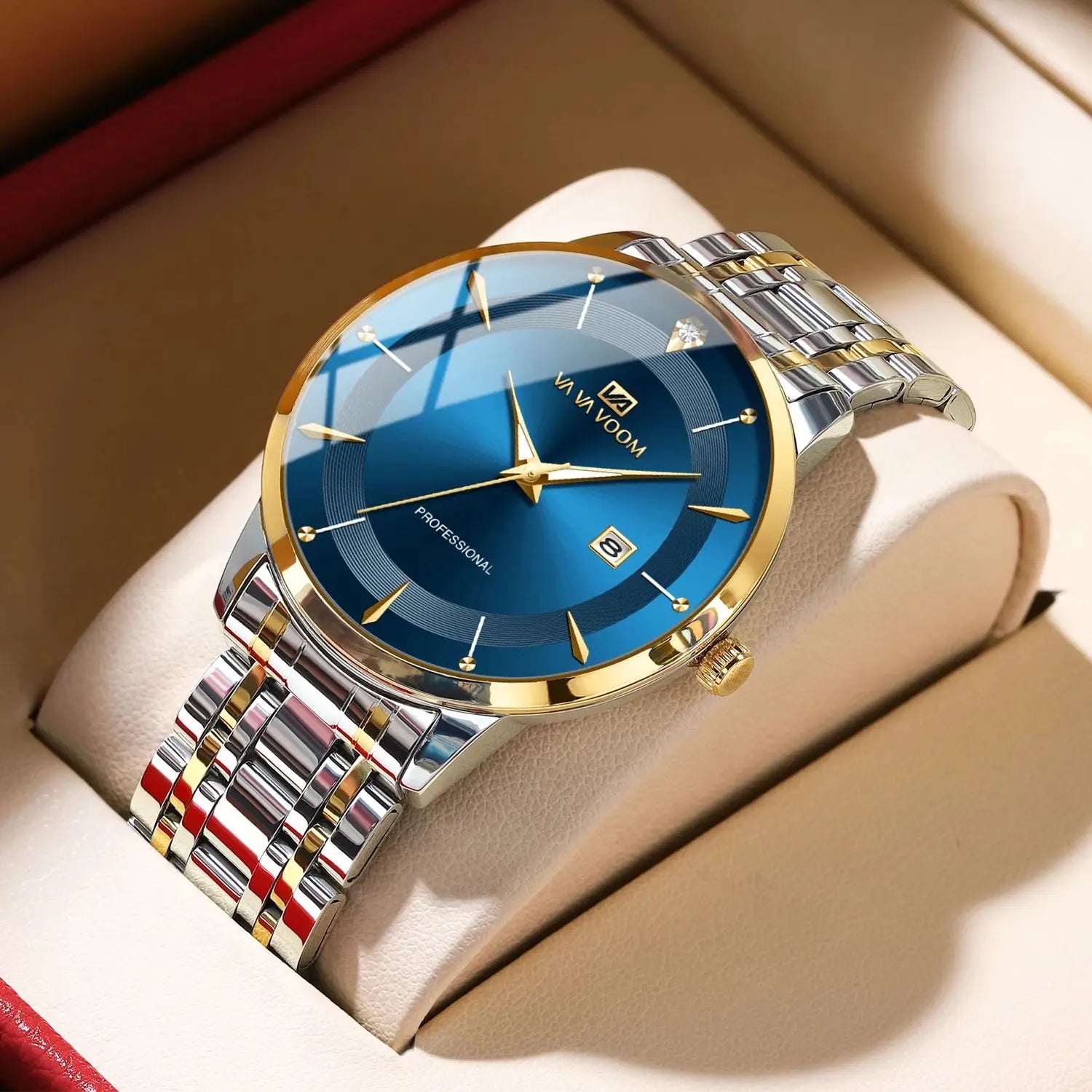Nuevo reloj para hombre de acero inoxidable estilo de negocios de lujo con diamantes de imitación 43mm reloj de pulsera con movimiento de cuarzo de oro azul