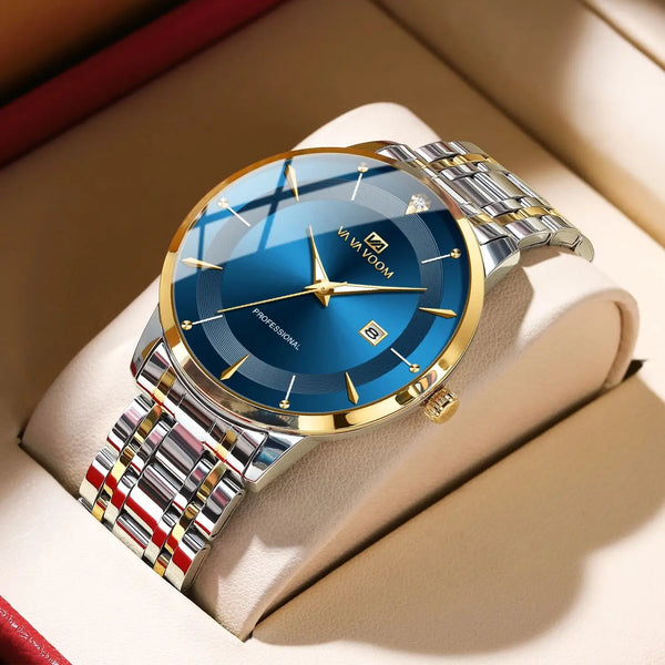 Nuevo reloj para hombre de acero inoxidable estilo de negocios de lujo con diamantes de imitación 43mm reloj de pulsera con movimiento de cuarzo de oro azul