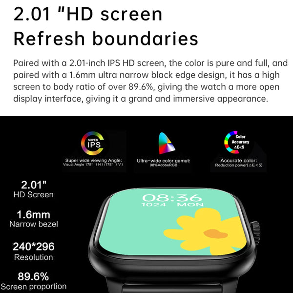 Reloj inteligente con Bluetooth, llamadas, música, relojes inteligentes para hombres, pantalla completamente táctil de 2,01 