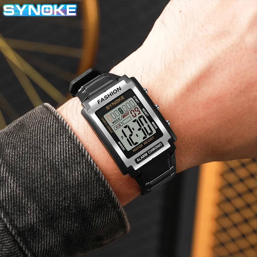 Reloj electrónico deportivo Rectangular para hombre, resistente al agua, luz nocturna de 50M, pantalla grande, despertador, estilo Retro de tendencia