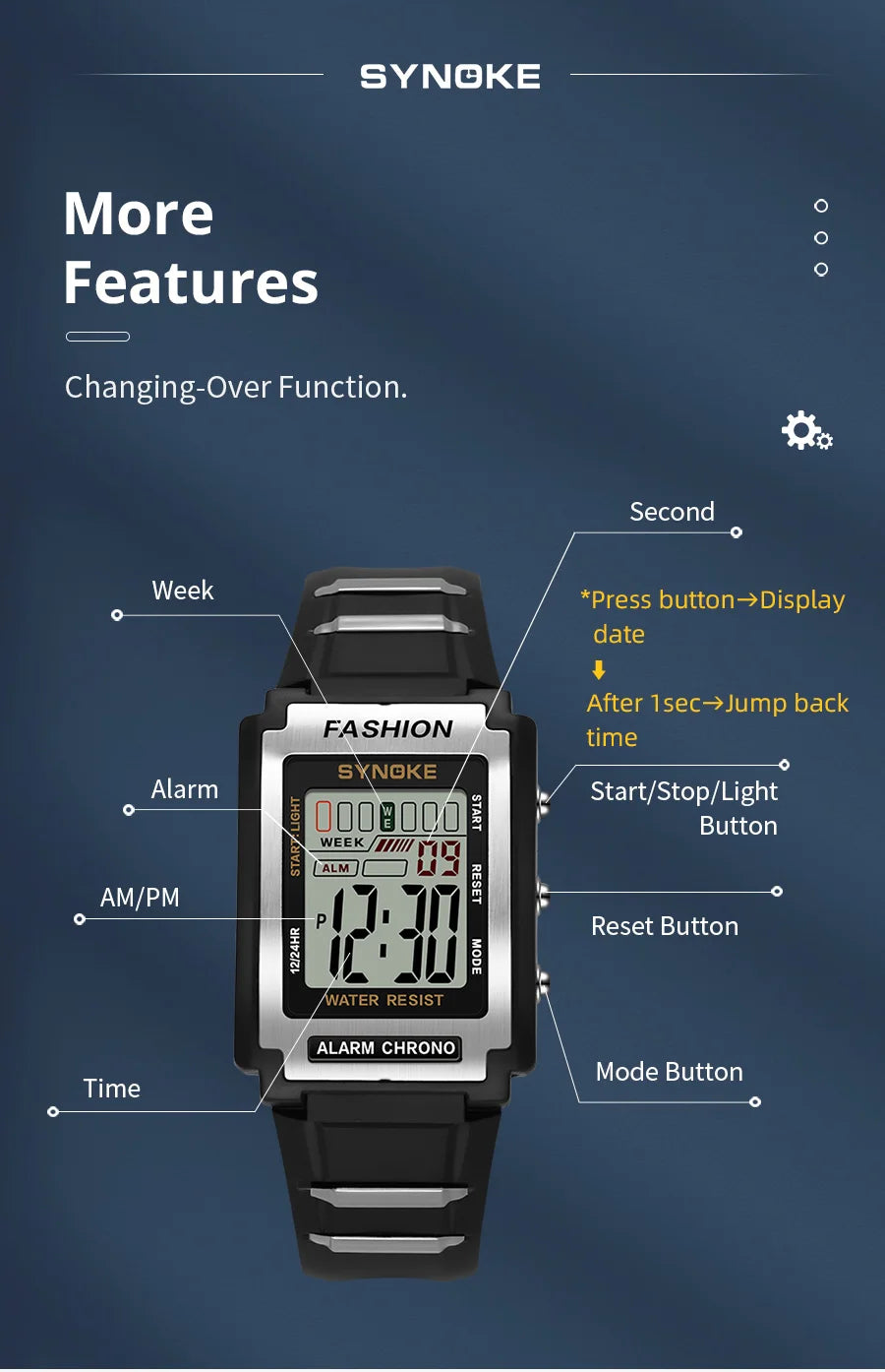 Reloj electrónico deportivo Rectangular para hombre, resistente al agua, luz nocturna de 50M, pantalla grande, despertador, estilo Retro de tendencia