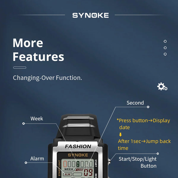 Reloj electrónico deportivo Rectangular para hombre, resistente al agua, luz nocturna de 50M, pantalla grande, despertador, estilo Retro de tendencia