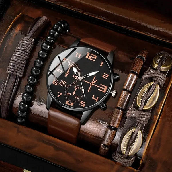 Conjunto de 5 uds. De relojes de pulsera deportivos a la moda para hombre, reloj de pulsera de cuarzo con esfera grande Retro, reloj clásico informal de cuero marrón para hombre