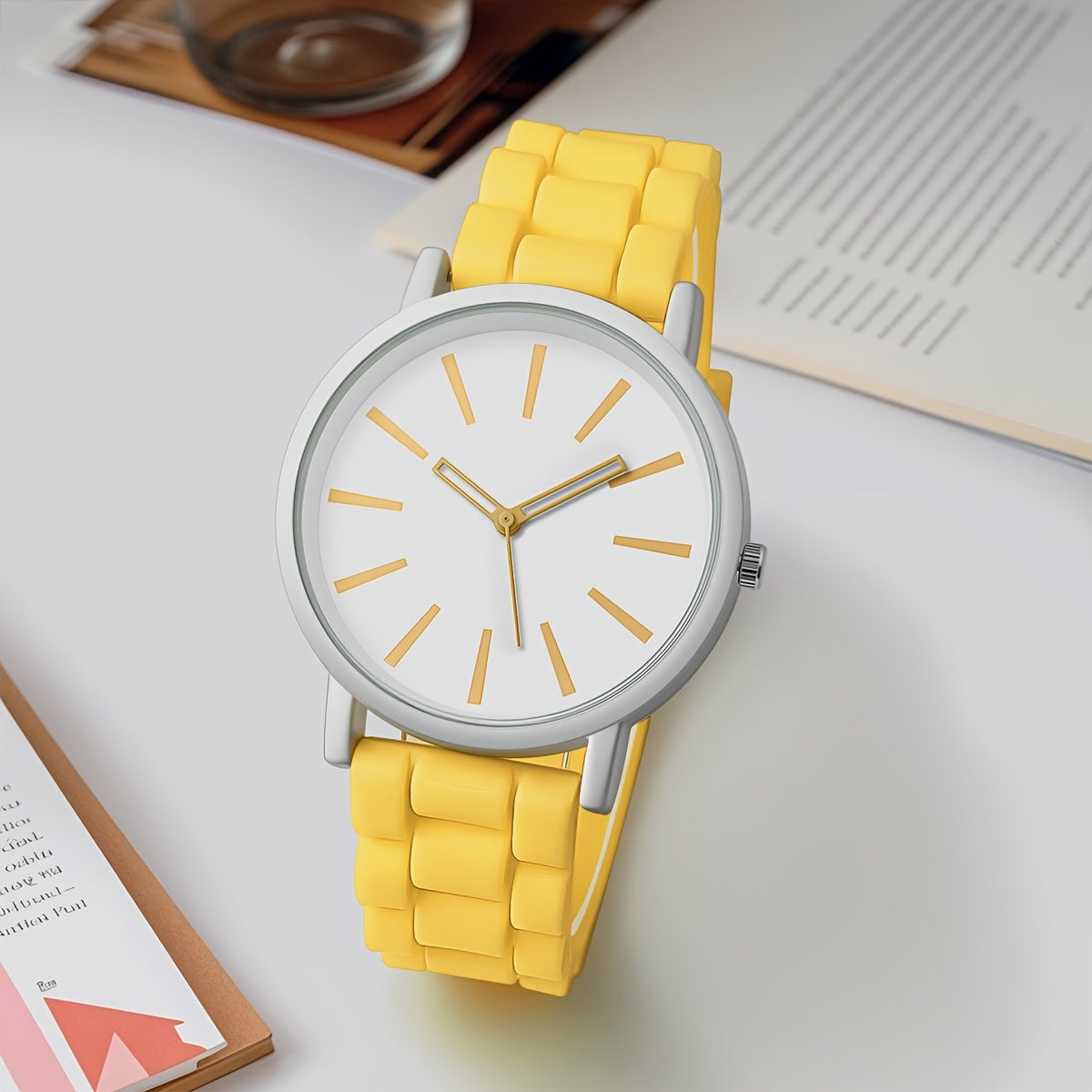 Reloj de cuarzo redondo sencillo y elegante - Reloj de pulsera casual de moda con correa de silicona para mujeres - Caja no de aleación, marcadores de barra, varios colores, operado con batería (batería de botón ＜20mm)