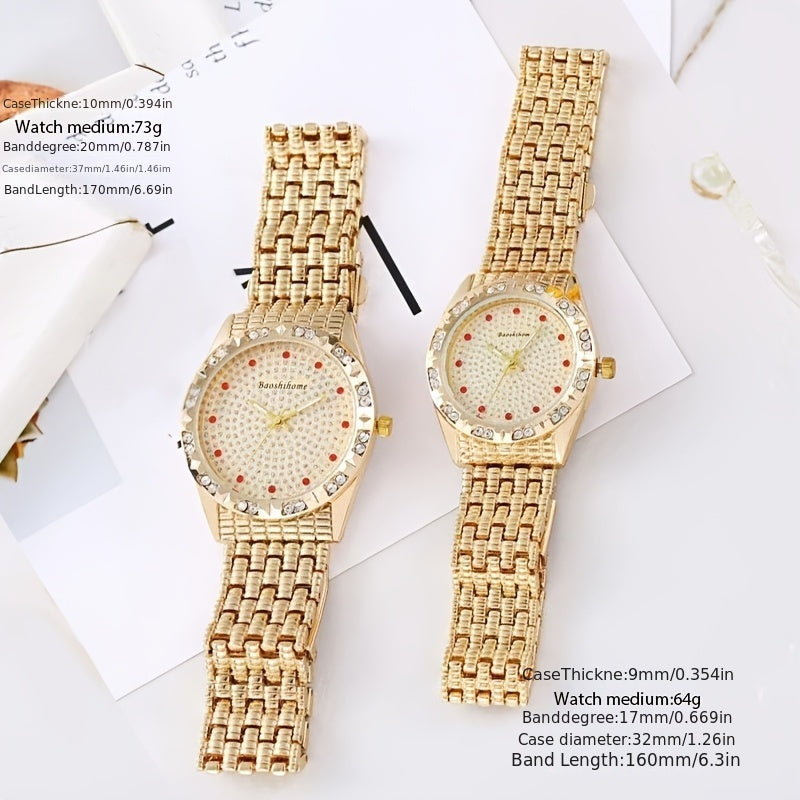 Conjunto de relojes elegantes para parejas: relojes de pulsera de cuarzo de lujo con incrustaciones de diamantes de imitación y correa de aleación dorada ajustable, caja glamorosa de oro rosa para hombres y mujeres