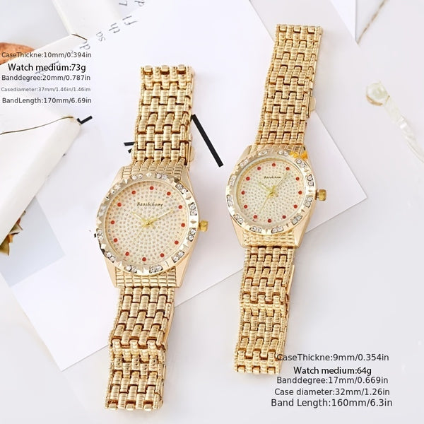 Conjunto de relojes elegantes para parejas: relojes de pulsera de cuarzo de lujo con incrustaciones de diamantes de imitación y correa de aleación dorada ajustable, caja glamorosa de oro rosa para hombres y mujeres