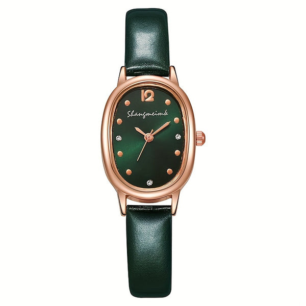 Reloj de cuarzo elegante con puntero ovalado para mujer, reloj de pulsera de cuero PU con diseño analógico de moda, regalo para mamá o ella.