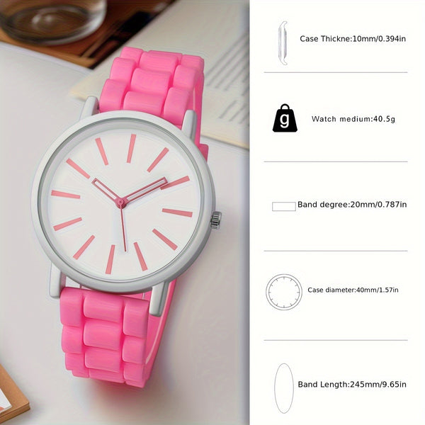 Reloj de cuarzo redondo sencillo y elegante - Reloj de pulsera casual de moda con correa de silicona para mujeres - Caja no de aleación, marcadores de barra, varios colores, operado con batería (batería de botón ＜20mm)
