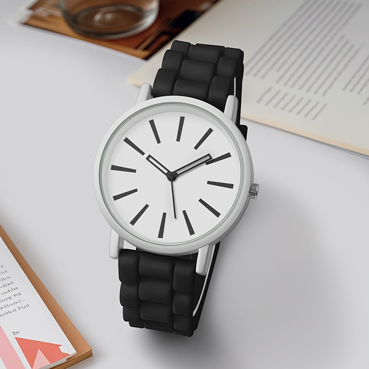Reloj de cuarzo redondo sencillo y elegante - Reloj de pulsera casual de moda con correa de silicona para mujeres - Caja no de aleación, marcadores de barra, varios colores, operado con batería (batería de botón ＜20mm)