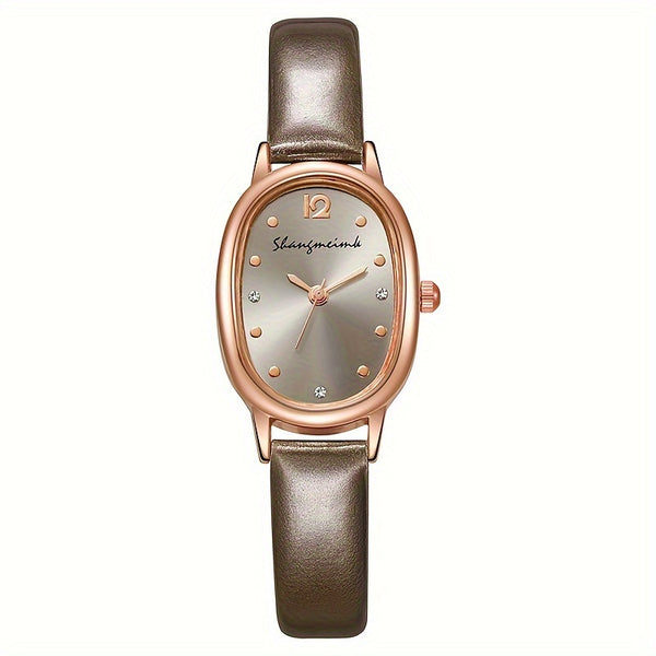 Reloj de cuarzo elegante con puntero ovalado para mujer, reloj de pulsera de cuero PU con diseño analógico de moda, regalo para mamá o ella.