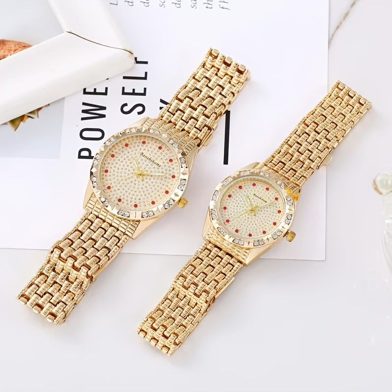 Conjunto de relojes elegantes para parejas: relojes de pulsera de cuarzo de lujo con incrustaciones de diamantes de imitación y correa de aleación dorada ajustable, caja glamorosa de oro rosa para hombres y mujeres